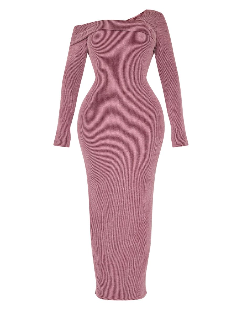 Shape Burgundy Brushed Rib Fold Over Off Shoulder Long Sleeve Maxi Dress - 4