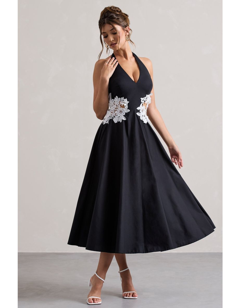 Windermere | Black Plunge Midi Dress With Floral Cut-Out - 4