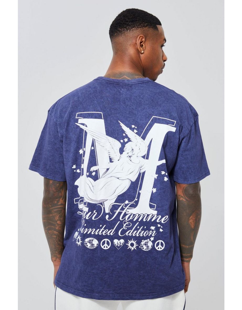 Oversized Washed Fallen Angel Graphic T-shirt - navy