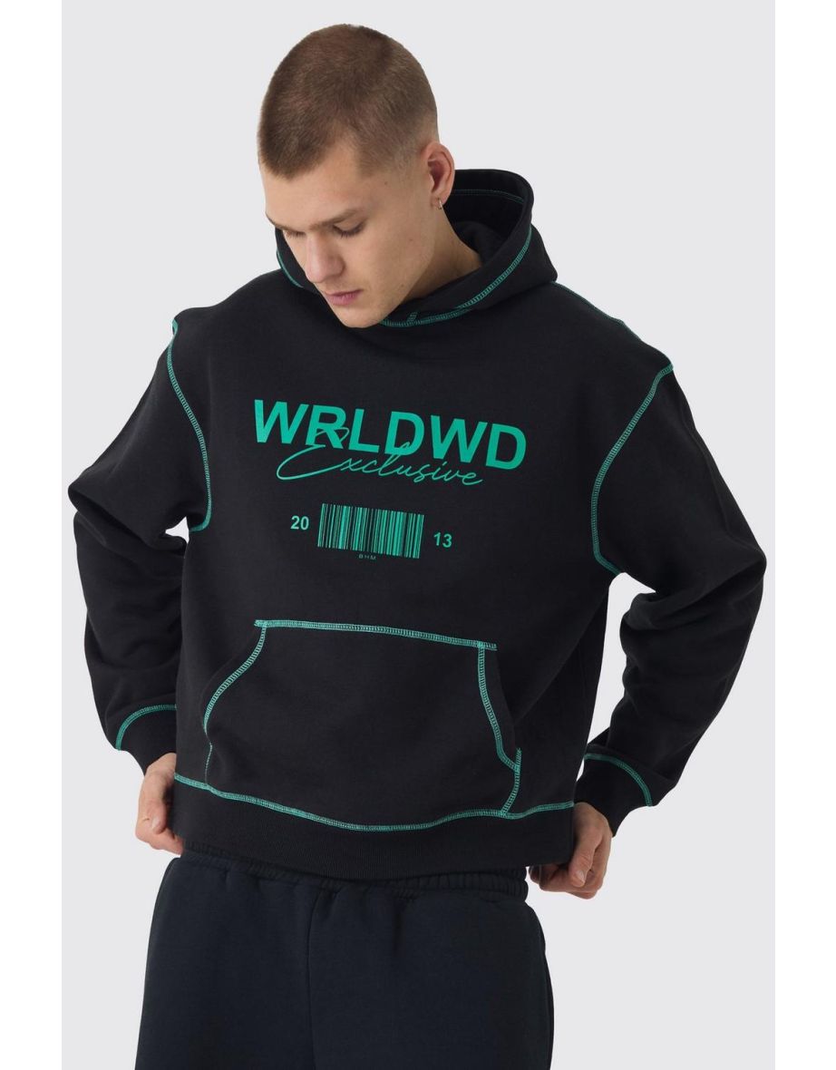 Oversized Boxy Contrast Stitch WRLDWD Graphic Hoodie