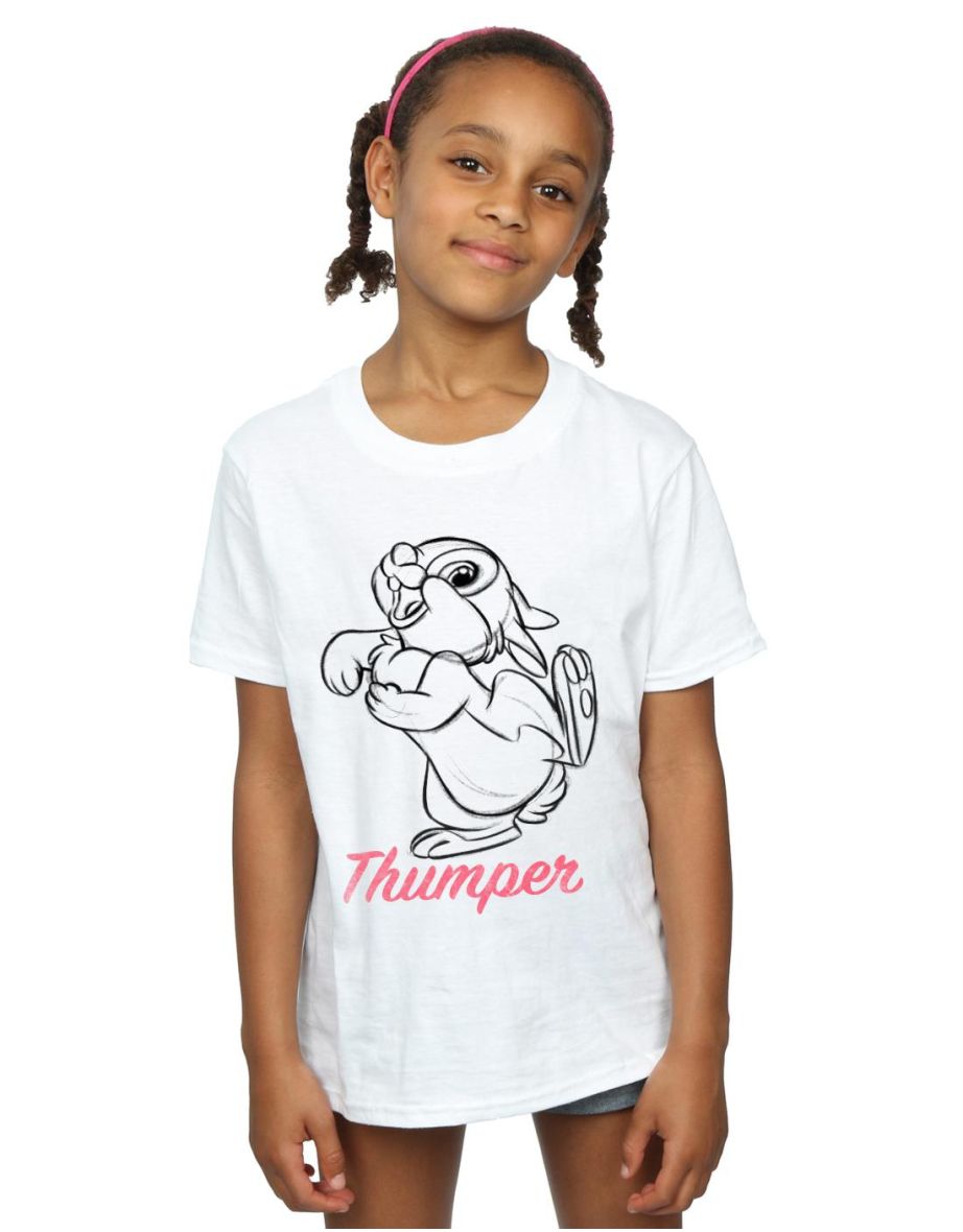 Disney Girls Bambi Thumper Line Drawing Cotton T-Shirt - White