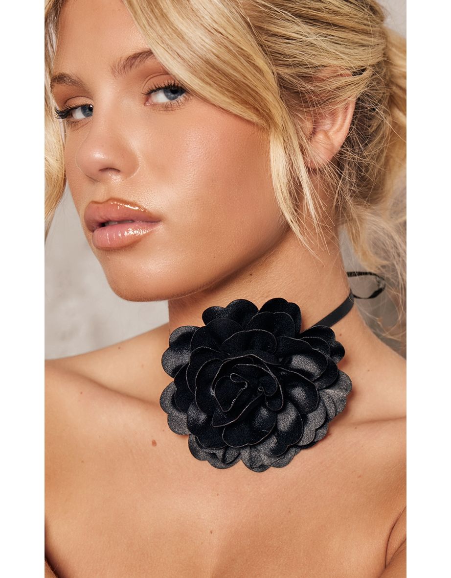 Black Satin Flower Tie Ribbon Choker