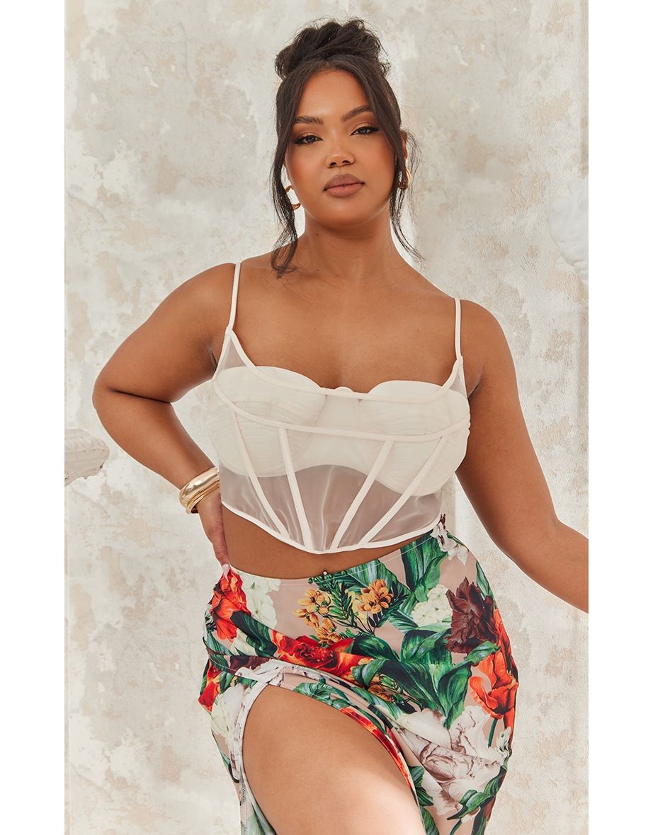 Plus Cream Satin Sheer Panel Corset
