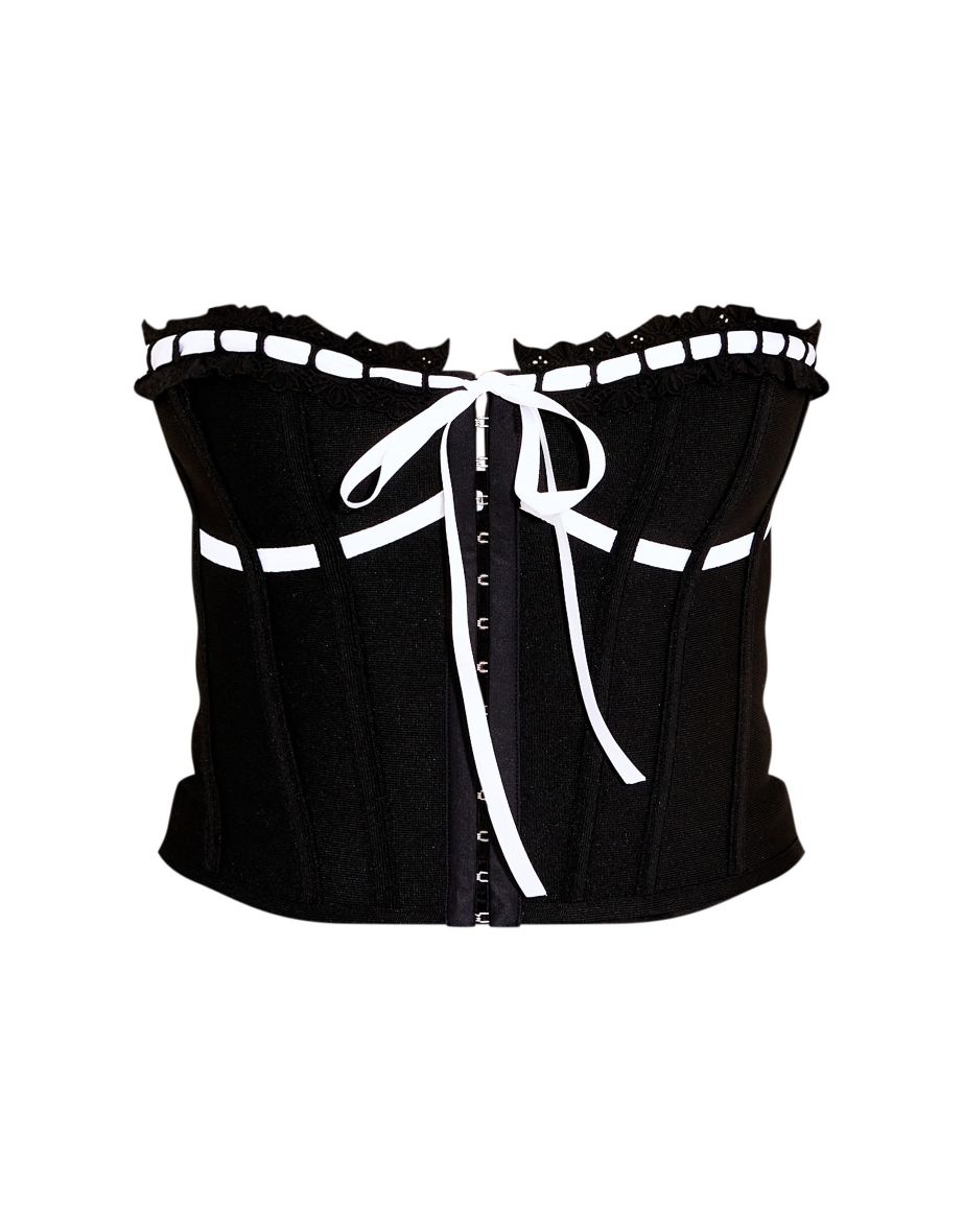 Black Bandage Bandeau Hook & Eye Lace Trim Ribbon Detail Corset - 4