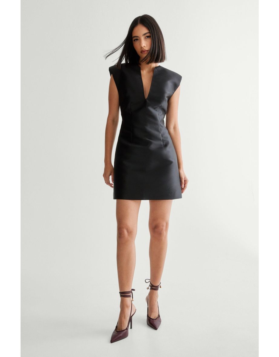 Plunge Structured Satin Lantern Mini Dress