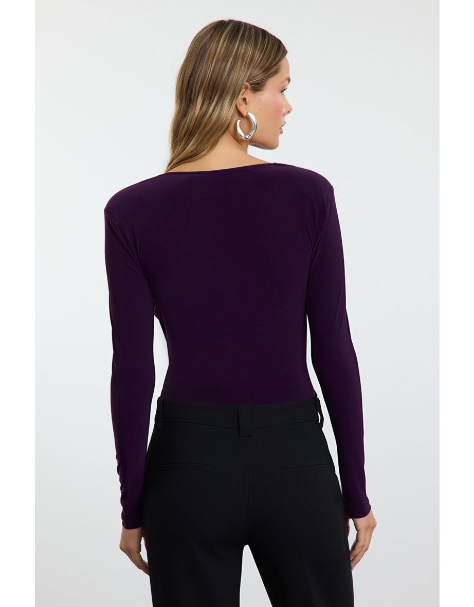 Plum Padded Drape Detailed Fitted Flexible Snap Fastener Knitted Body - 4
