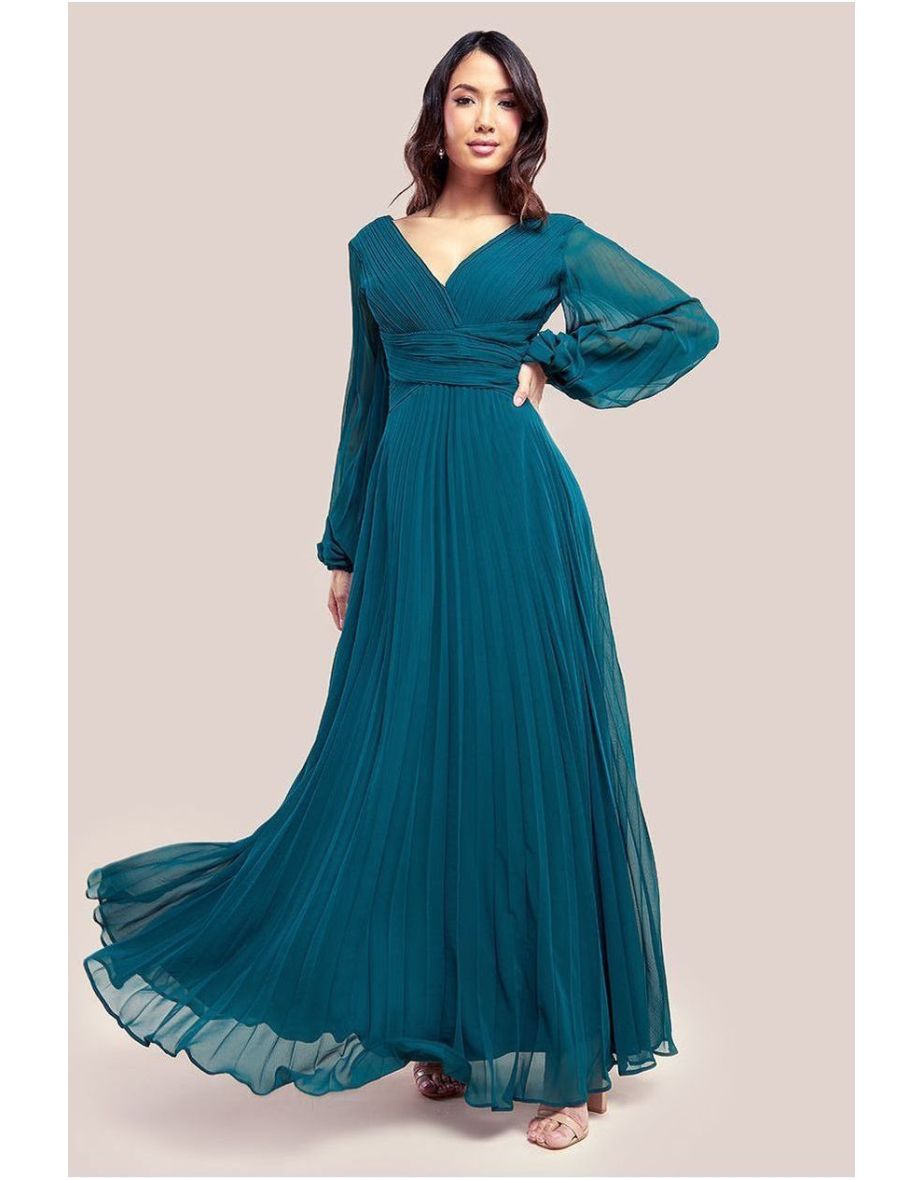 Goddiva Balloon Sleeve Chiffon Maxi Dress - Emerald