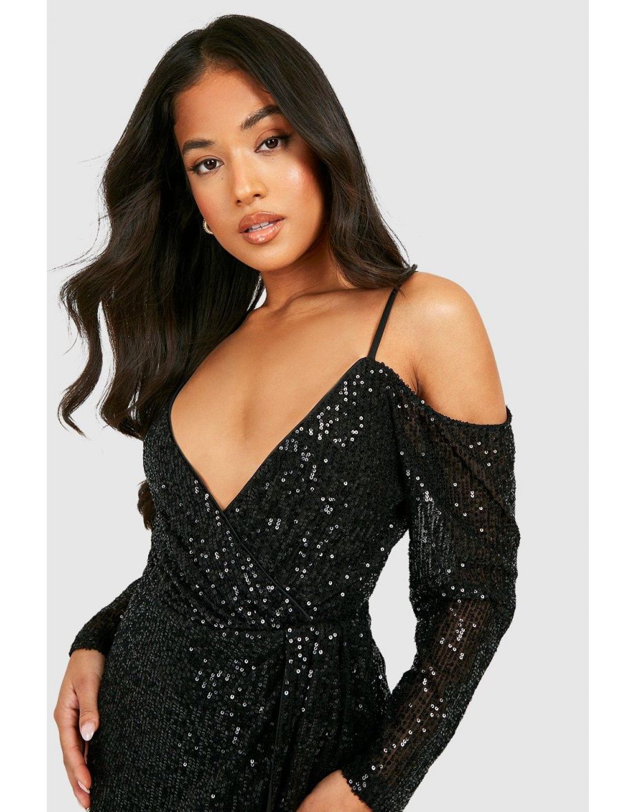 Petite Sequin Cold Shoulder Drape Wrap Dress - black - 3