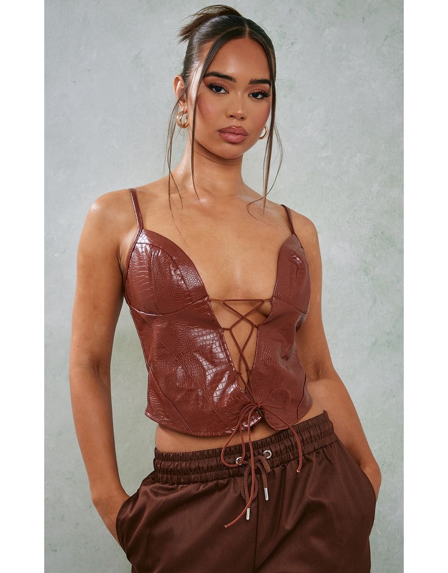 Tan Croc Pu Lace Up Corset Top