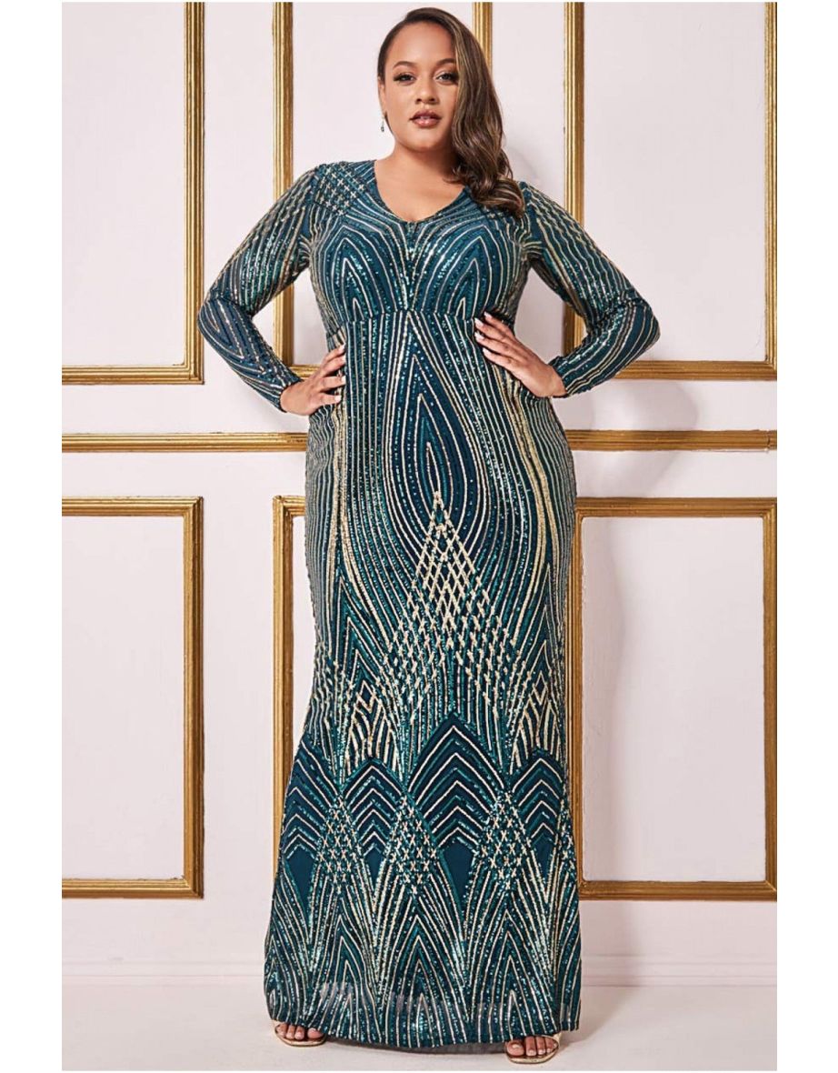 Goddiva Plus Two Toned V Neck Sequin Maxi - Emerald Green