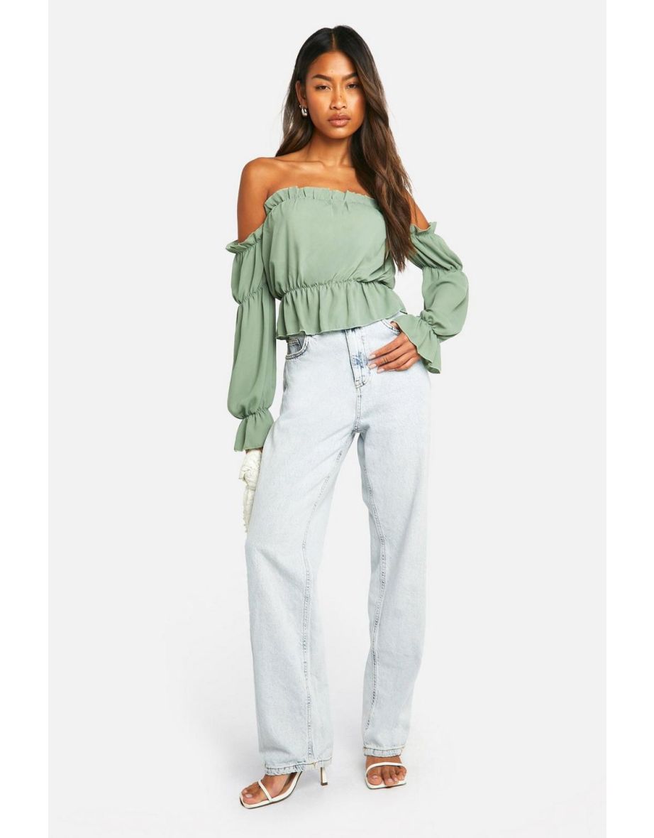Woven Volume Sleeve Ruched Bardot Top - olive