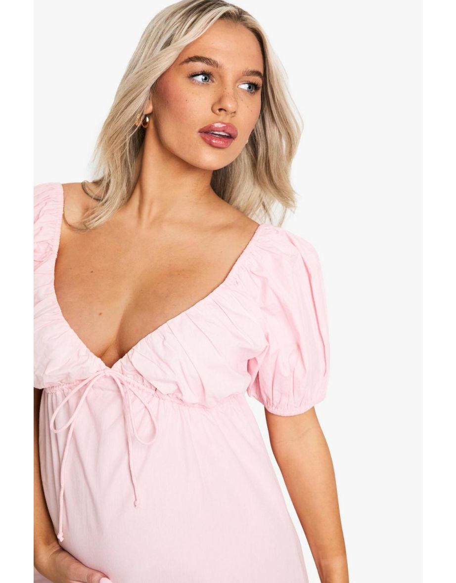 MATERNITY COTTON TIE FRONT PUFF SLEEVE SKATER DRESS - pink - 3