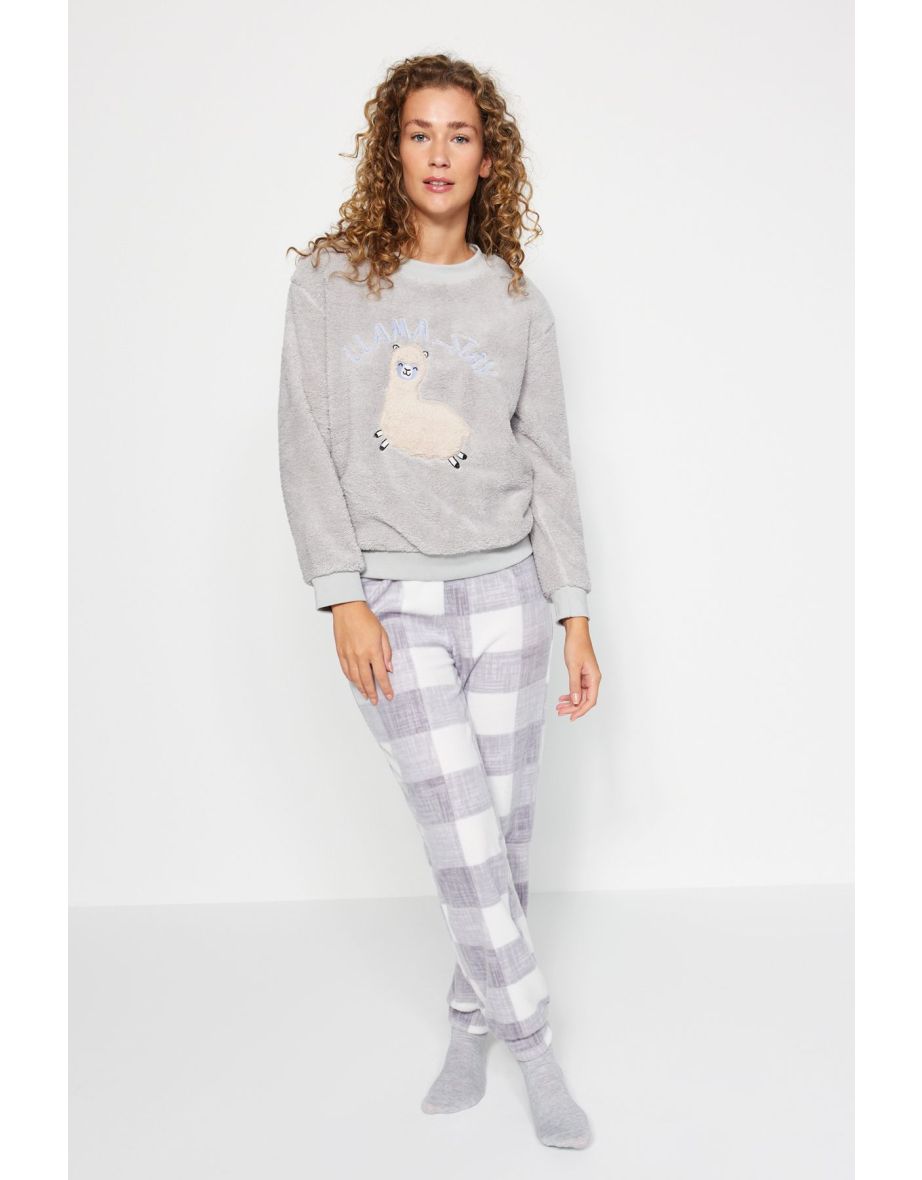 Gray Wellsoft Lama Patterned Winter Knitted Pajama Set