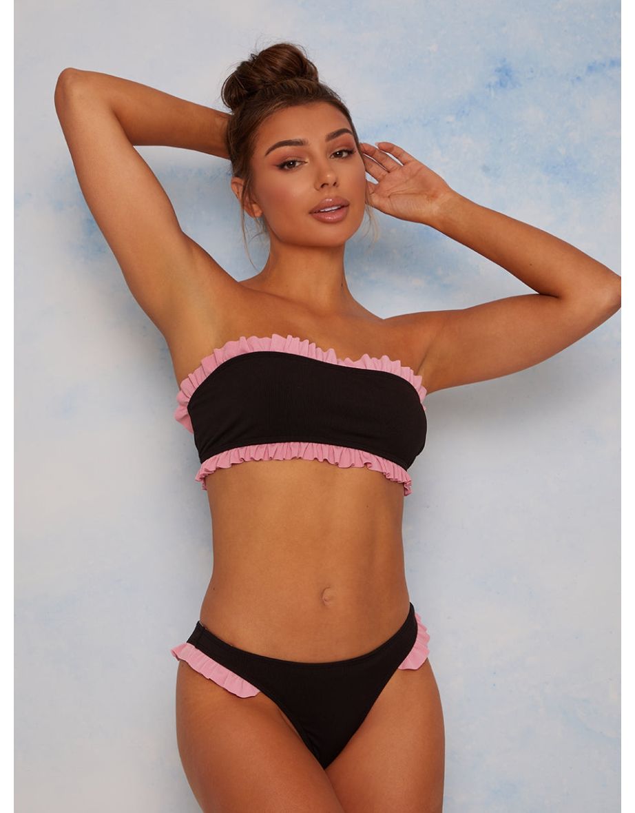 Frill Trim Bandeau Bikini Top in Black