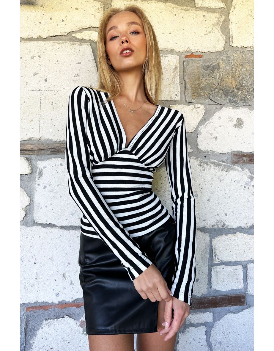 Women's Black and White V-Neck Striped Corset Detailed Blouse