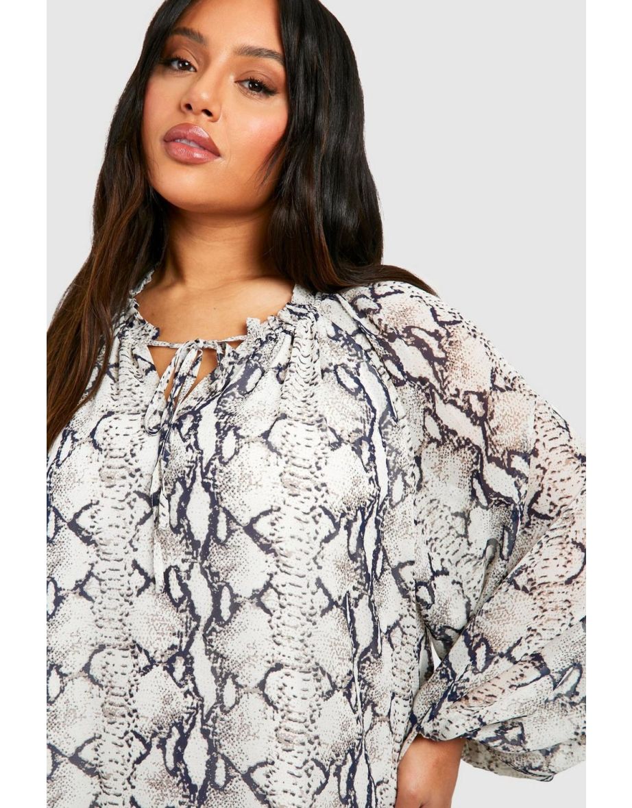 Plus Chiffon Snake Tie Neck Midaxi Smock Dress - black - 3
