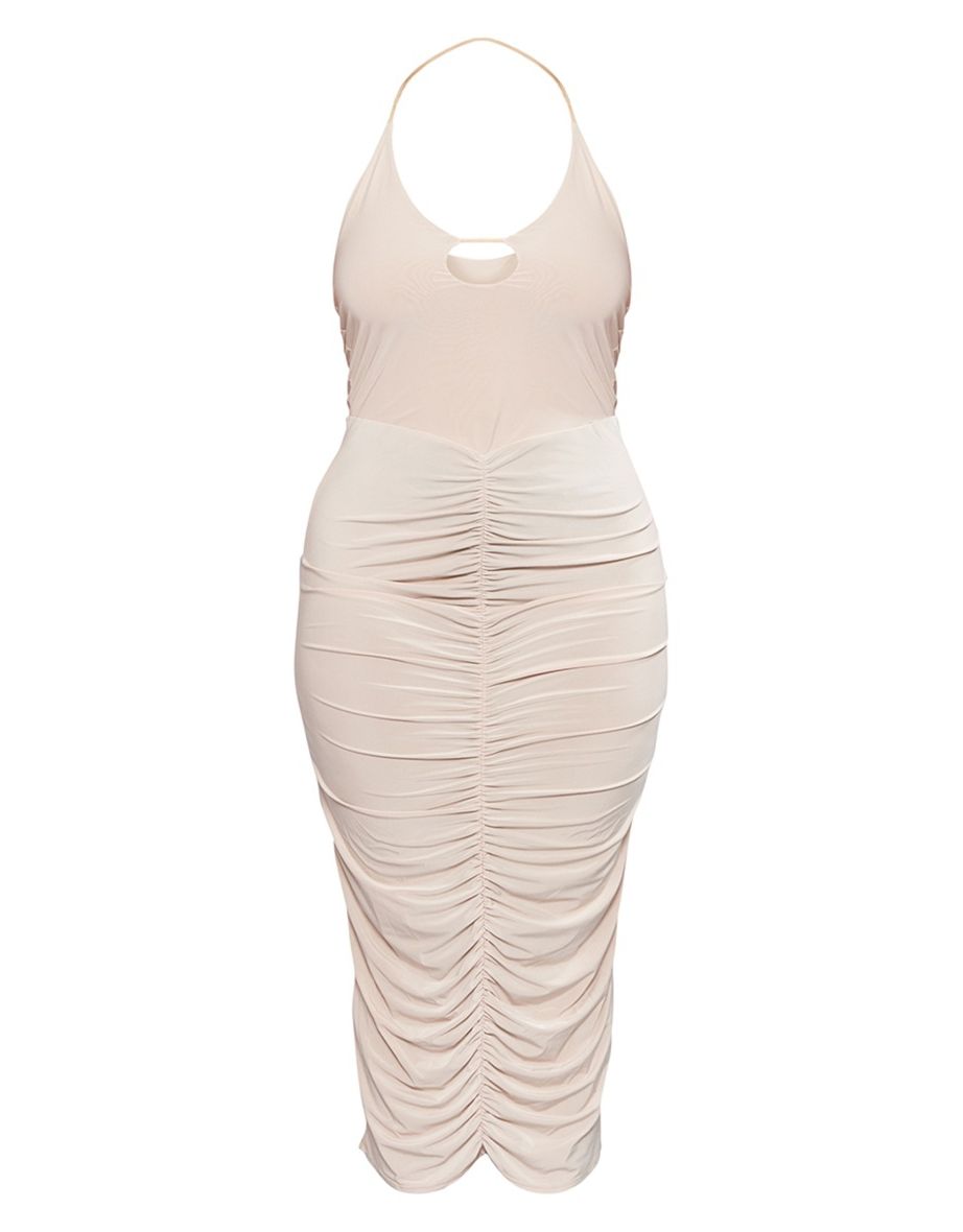 Beige Plus Halter Neck Bodycon Midaxi Dress - 4