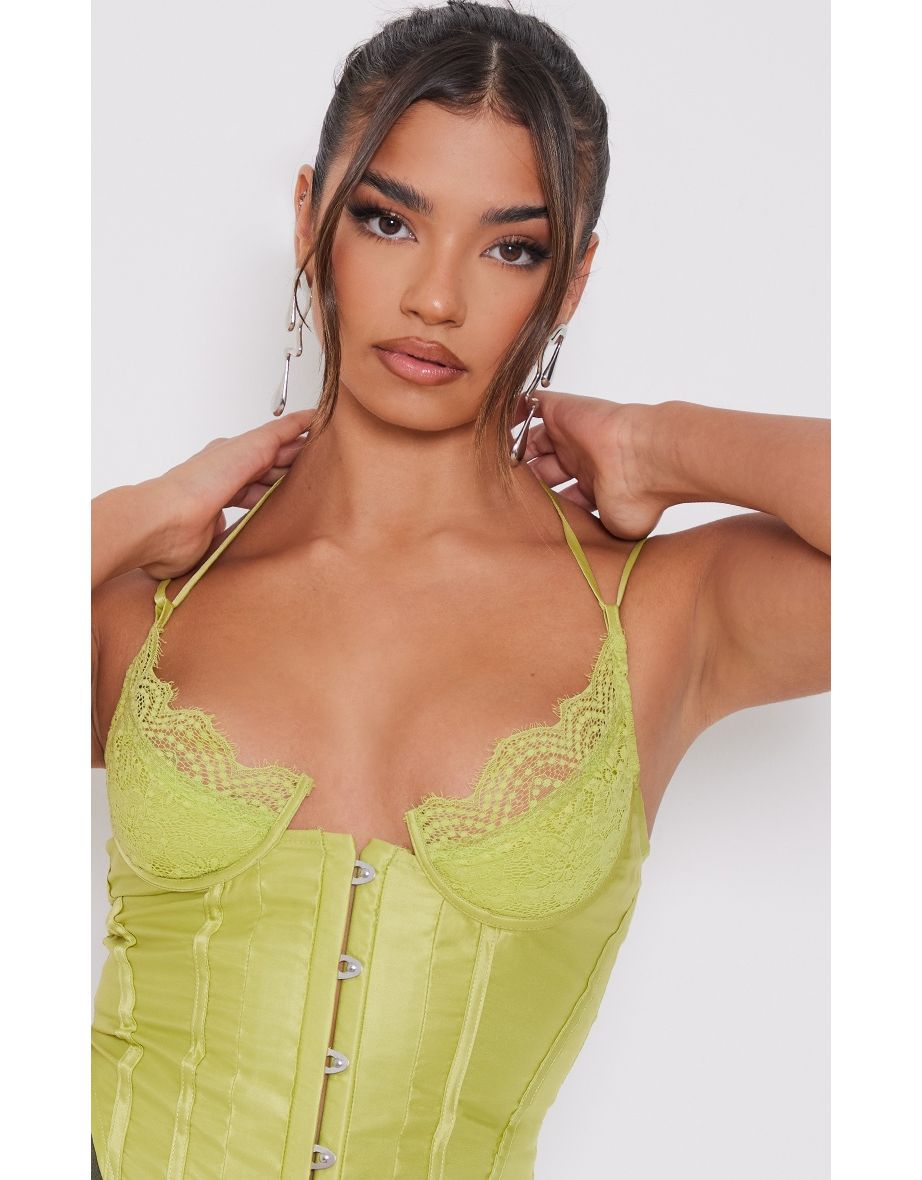 Lime Satin Lace Cup Hook & Eye Corset - 3