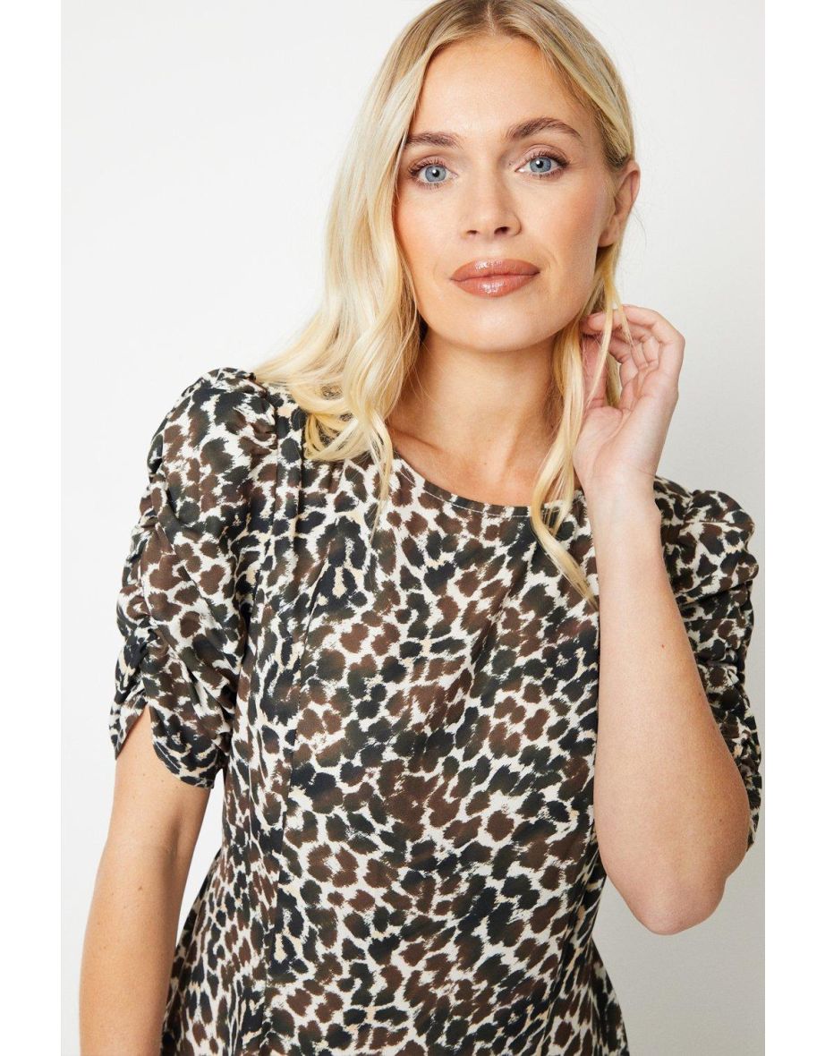 Petite Animal Print Ruched Sleeve Midi Dress - 3