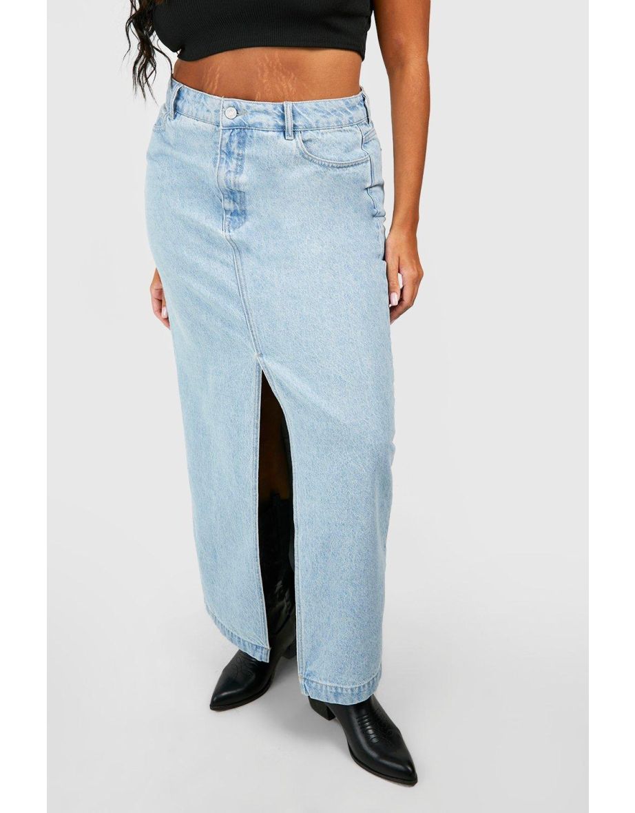 Plus Split Front Denim Maxi Skirt - light blue - 3