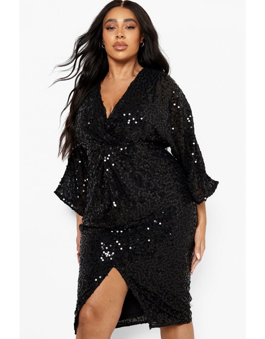 Plus Sequin Twist Front Midi Dress - black - 3