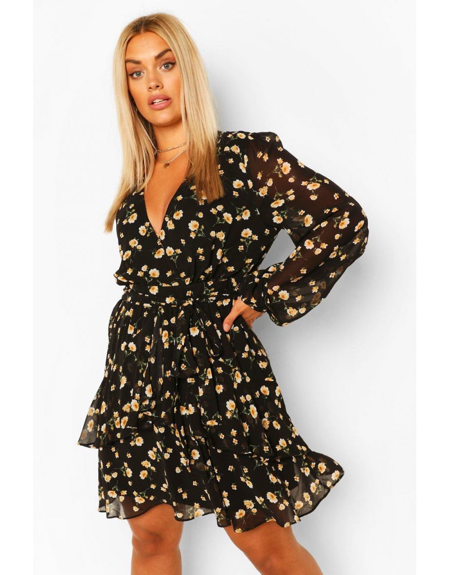 Plus Ruffle Hem Floral Mini Dress - black - 3