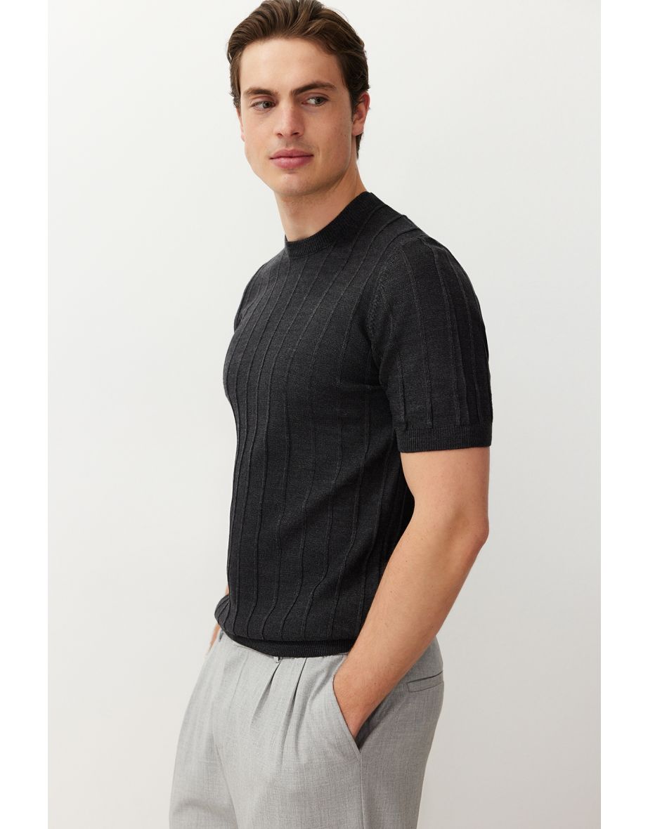Men's Anthracite Slim Fit Crew Neck Basic Knitwear T-shirt - 7