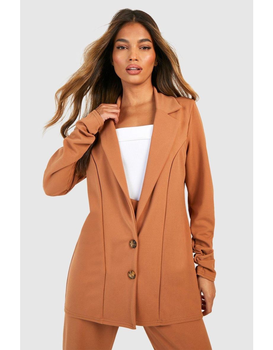 Camel ruched shop sleeve blazer