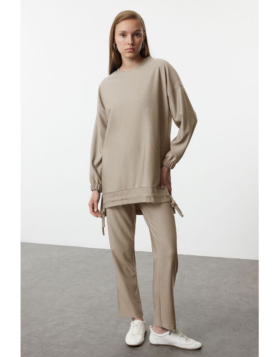 Stone Stopper Detailed Oversize Ribana/Casino Knitted Bottom-Top Set