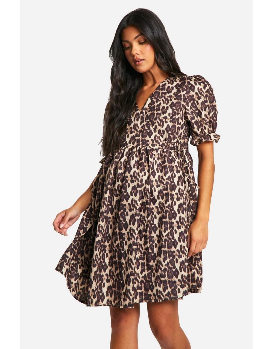 Shop Maternity Leopard Poplin Wrap Over Smock Dress Online in Bahrain VogaCloset