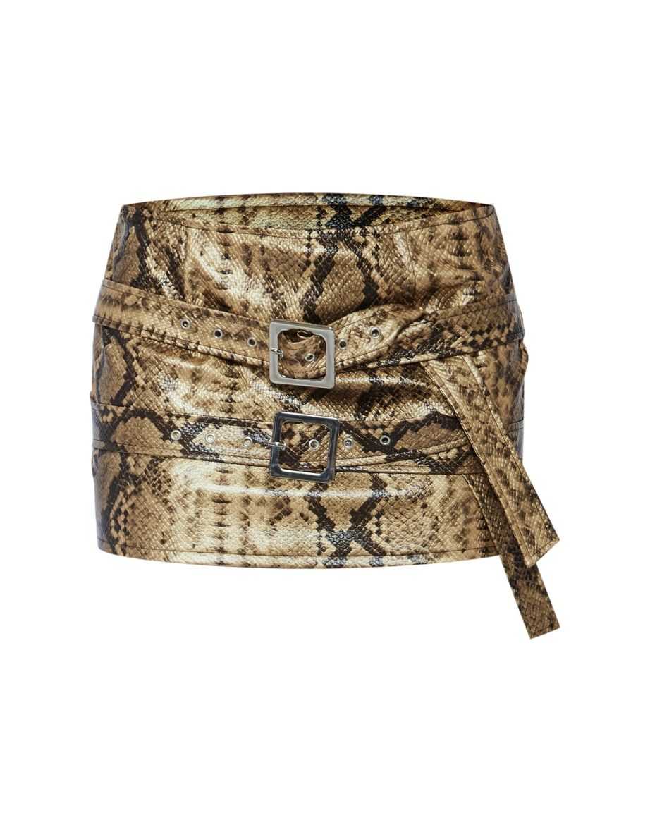 Brown Snakeskin Faux Leather Buckle Detail Extreme Micro Mini Skirt - 5