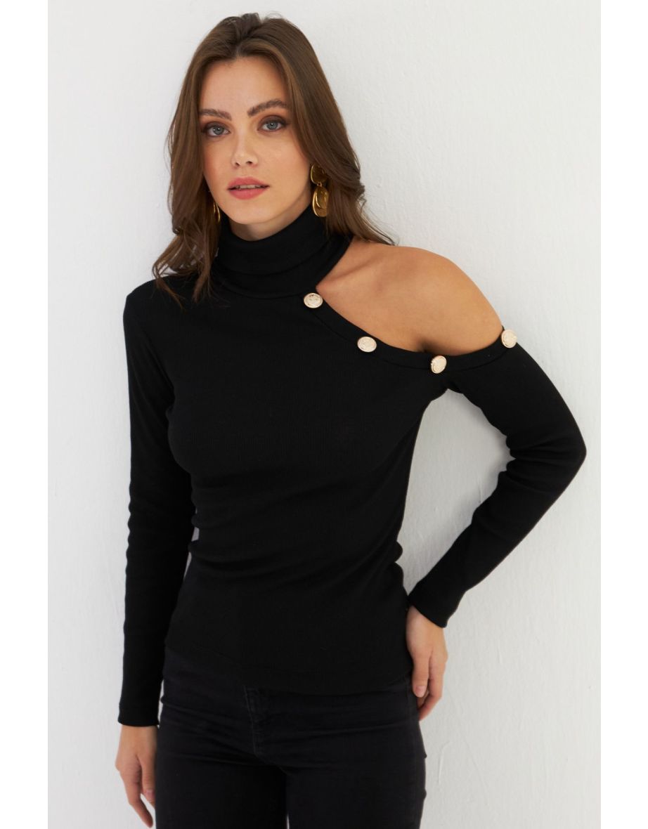 Women's Black One Shoulder Open Camisole Turtleneck Blouse - 8