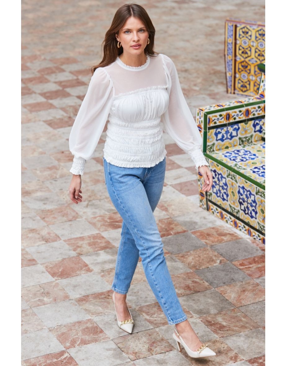 Ivory Shirred Detail Mesh Sleeve Top