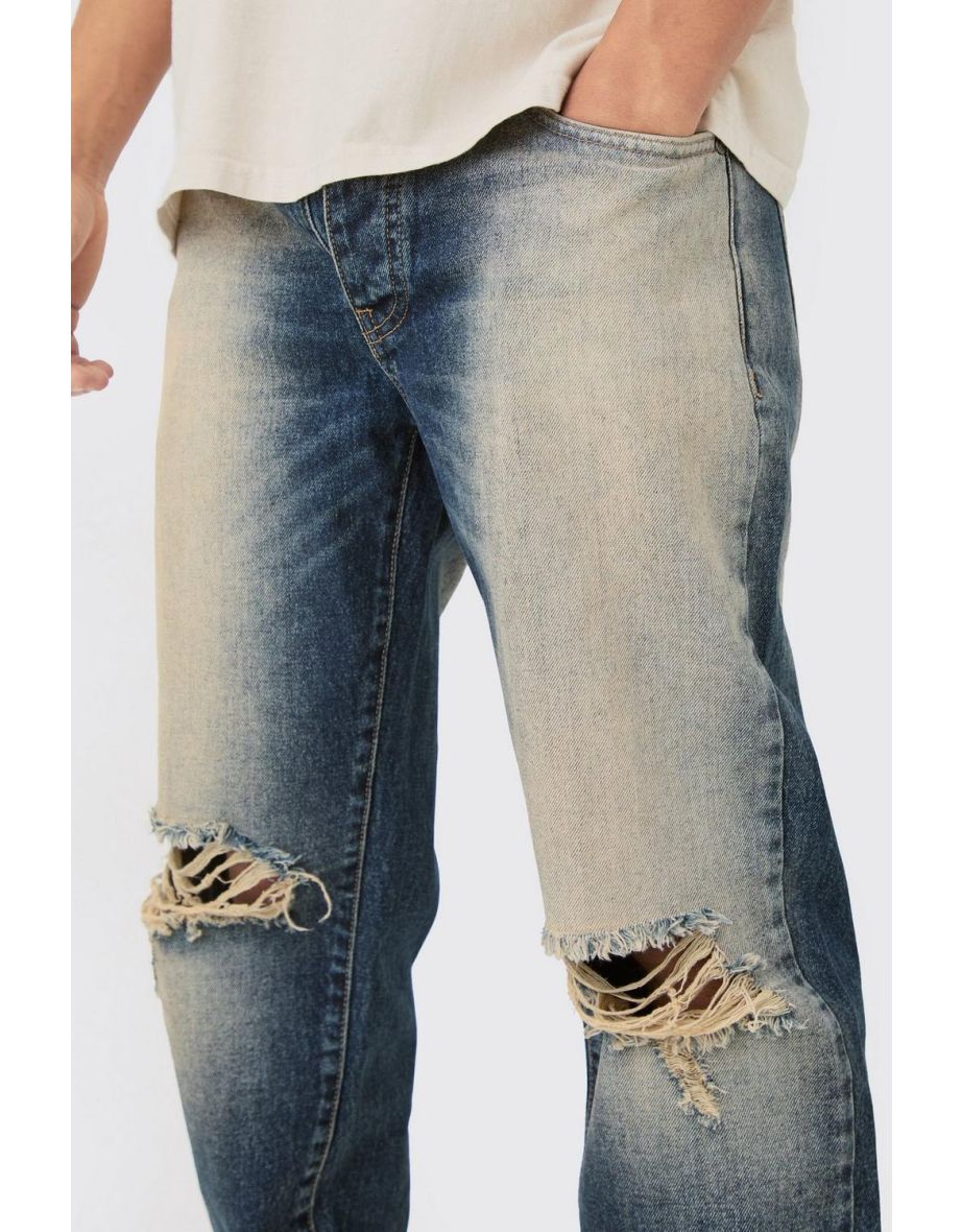 Straight Rigid Washed Blue Ripped Knee Jeans - blue - 2