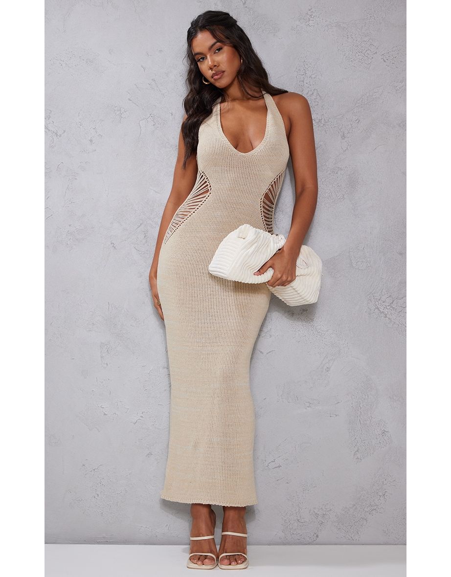 Stone Knitted Distressed Ladder Halter Neck Cut Out Maxi Dress