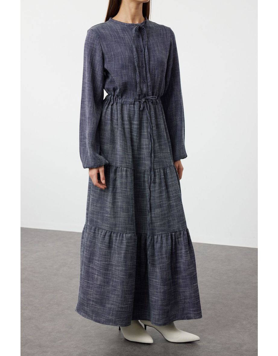 Navy Blue Lace Up Unlined Plain Woven Polyviscon Hijab Dress - 6