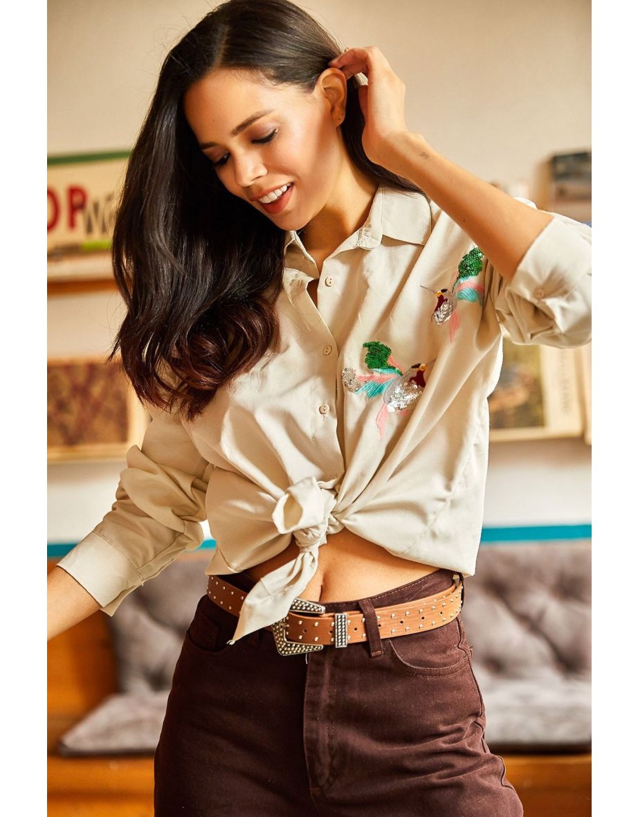 Women's Stone Bird Sequin Detailed Woven Boyfriend Shirt - 8