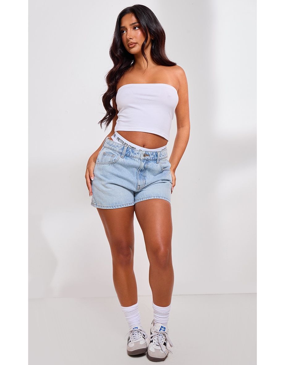 PRETTYLITTLETHING Petite Light Blue Mom Denim Shorts