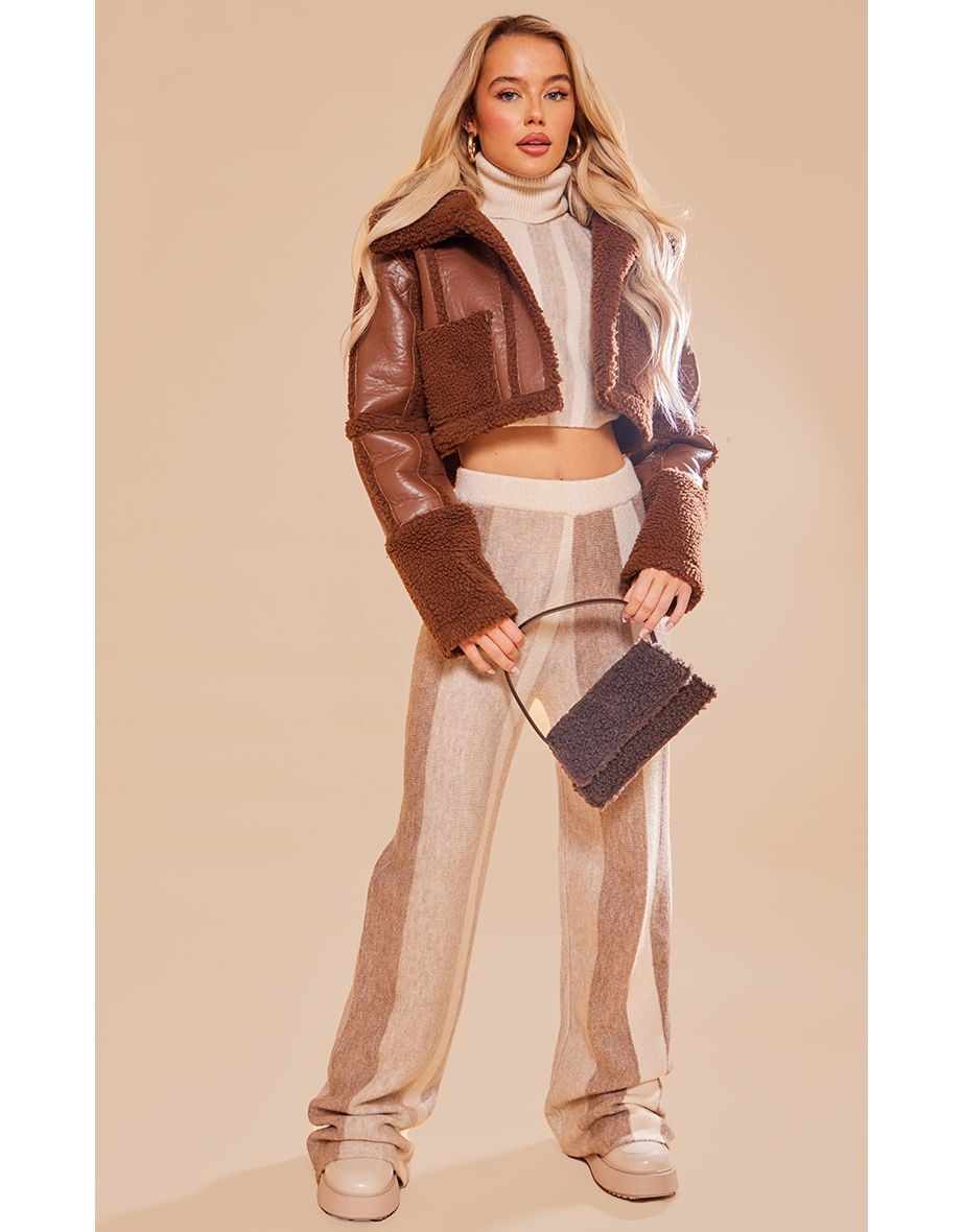 Oatmeal Stripe Colour Block Knit Wide Leg Trousers