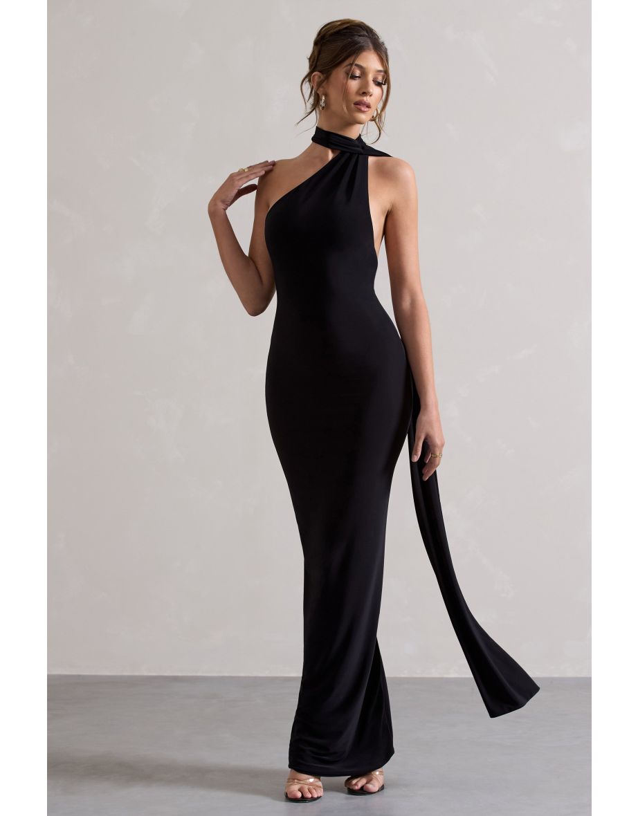 Miss | Black Asymmetric Backless Maxi Dress With Scarf - 4