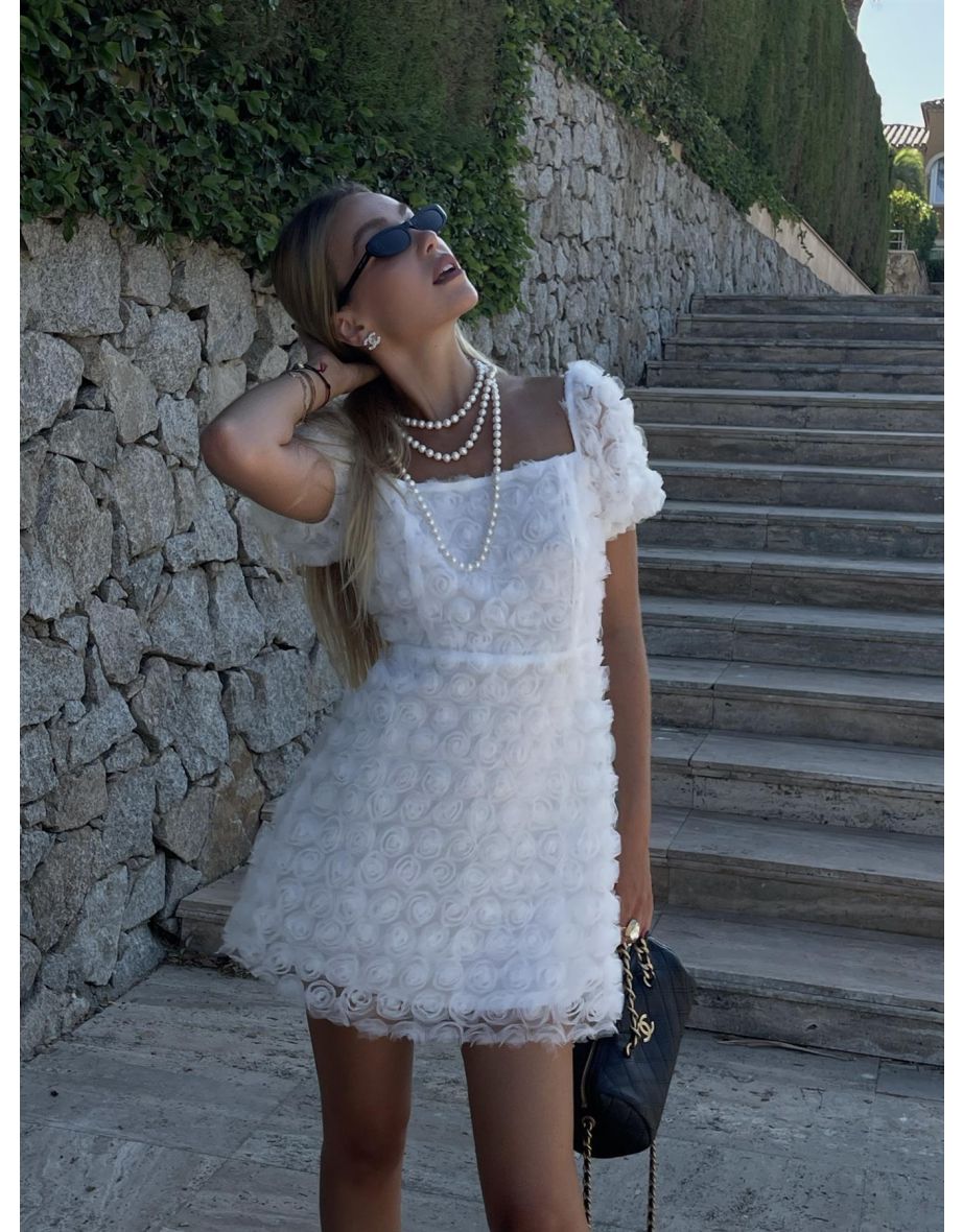 Summer 3D-Floral Skater Mini-Dress -White - 3