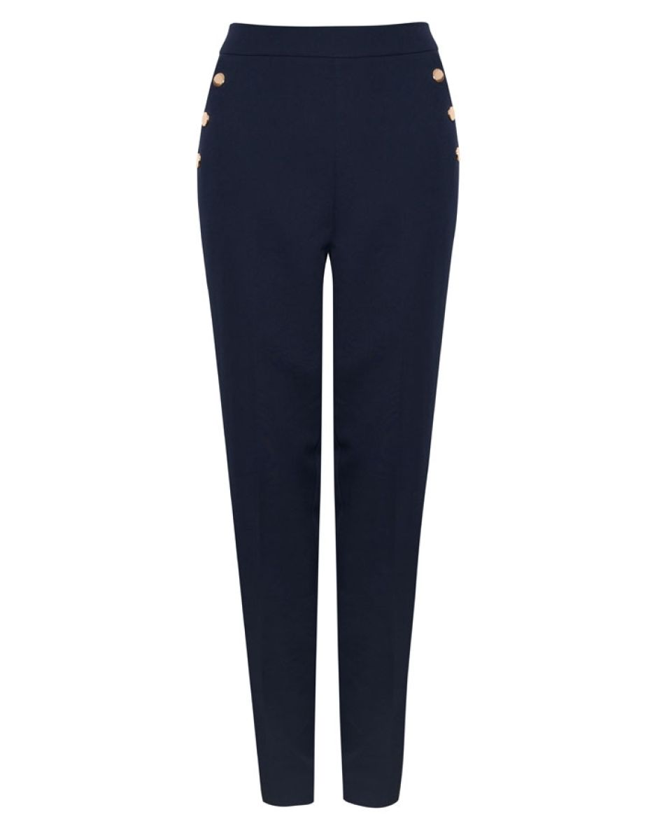 Petite Navy Blue Side Button Tapered Leg Trousers - 4