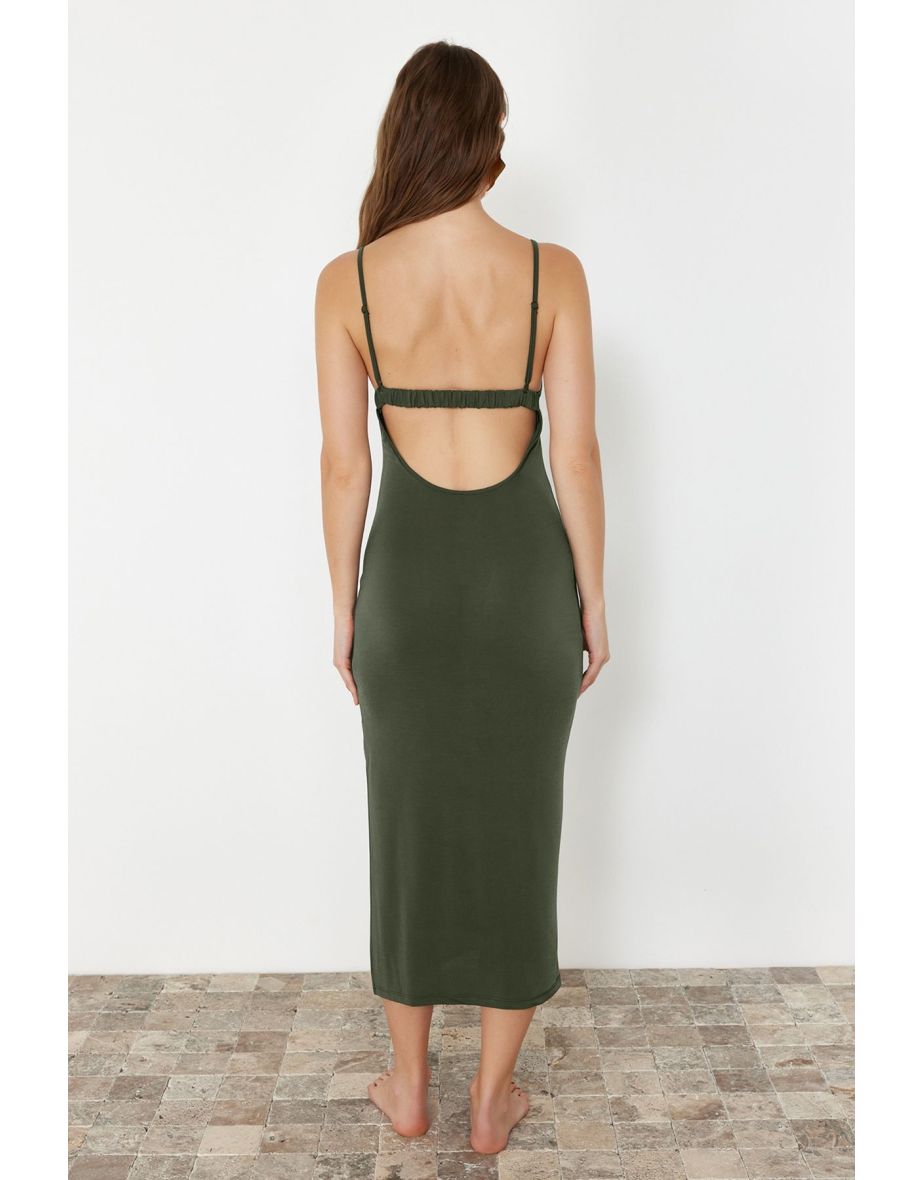 Khaki Fitted Maxi Knitted Backless Beach Dress - 7
