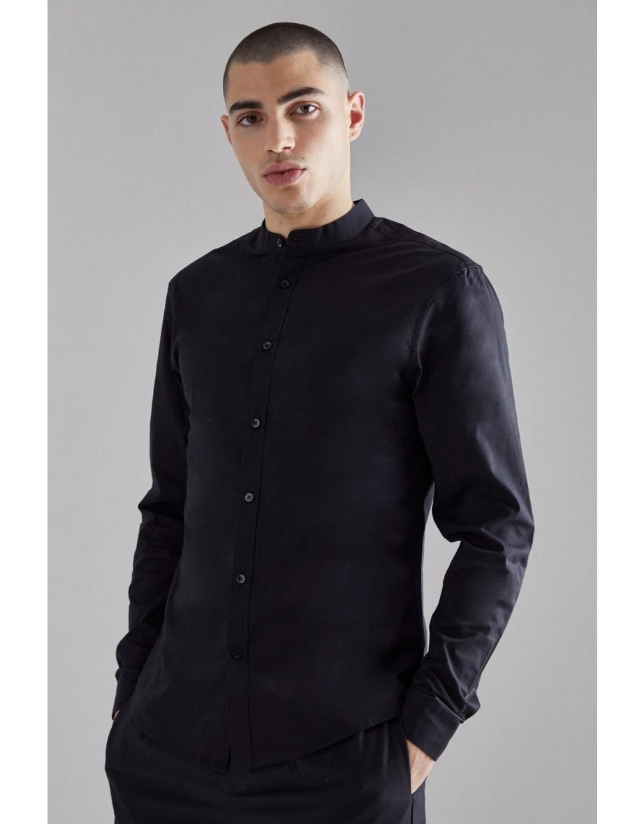 Long Sleeve Grandad Collar Shirt - black