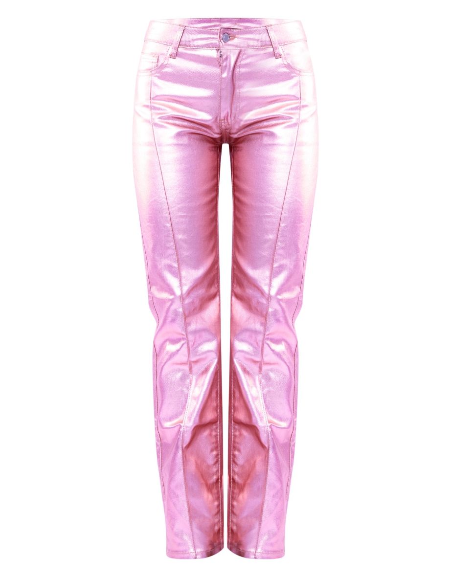 Pink Metallic Coated Denim Straight Leg Jeans - 4