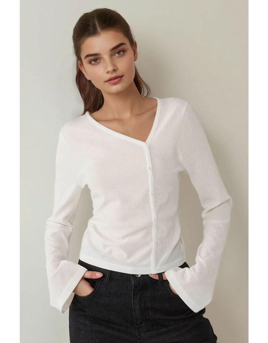 Asymmetrical Neck Textured Waffle Blouse