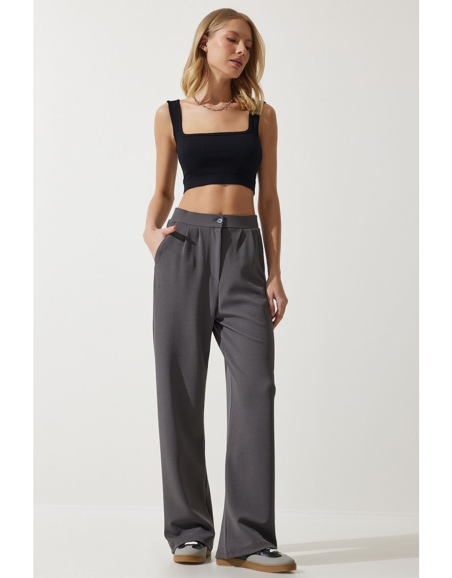 Women's Gray Lycra Comfortable Palazzo Knitted Trousers - 4