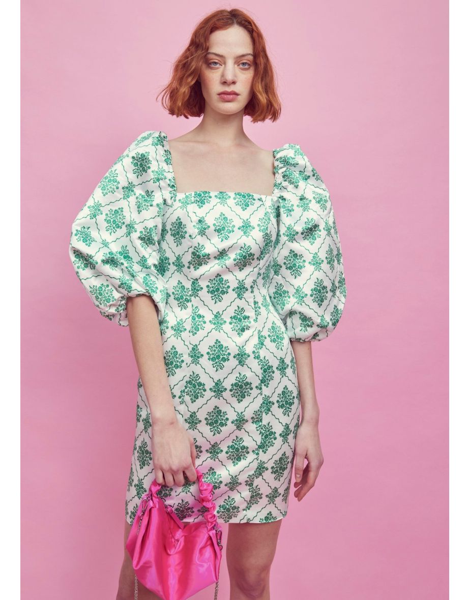 Blair Puff Sleeve Mini-Dress - White-Green - 4