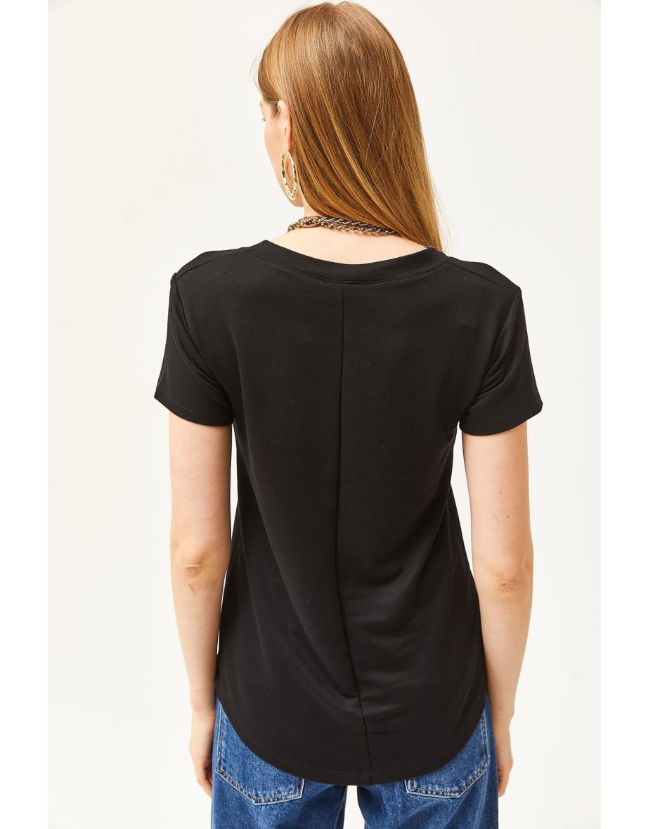 Women's Black Deep V-Neck Modal Touch T-Shirt - 4