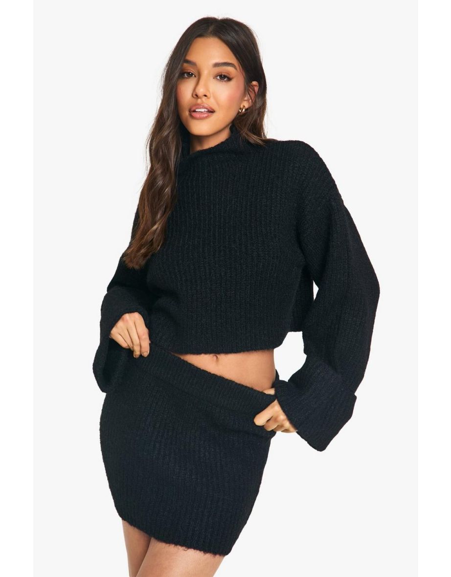 High Neck Oversized Crop Knitted Jumper And Micro Mini Skirt Set